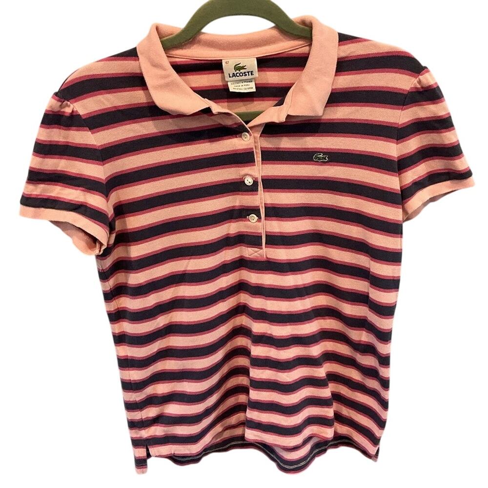 Lacoste Womens Polo Shirt FR 42 US L Pink Striped Preppy Ivy League Tenniscore